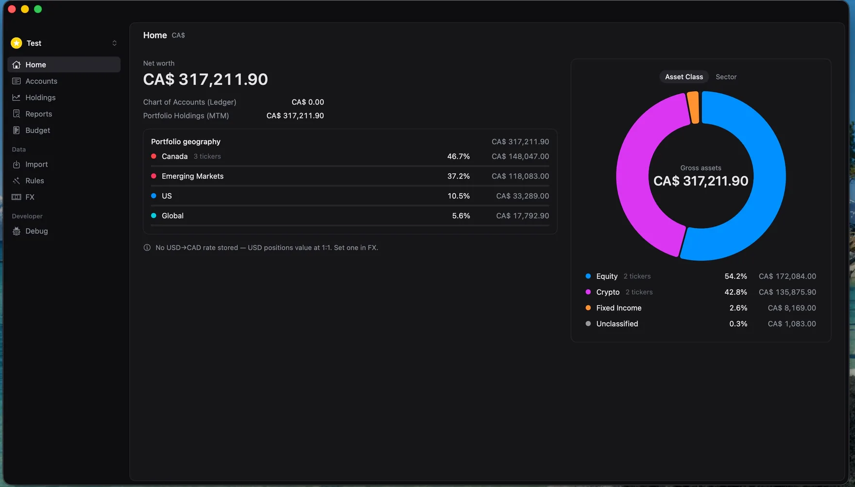 Chord Home screen showing net worth and a portfolio allocation chart
